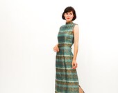 Vintage 1970s Maxi Dress - 70s Asian Dress - Teal & Copper Brocade