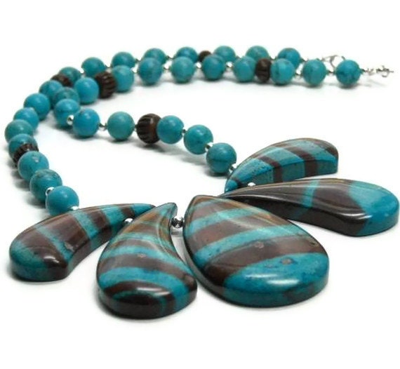 Turquoise Calsilica Jasper Necklace, Striped, Focal Fan, OOAK
