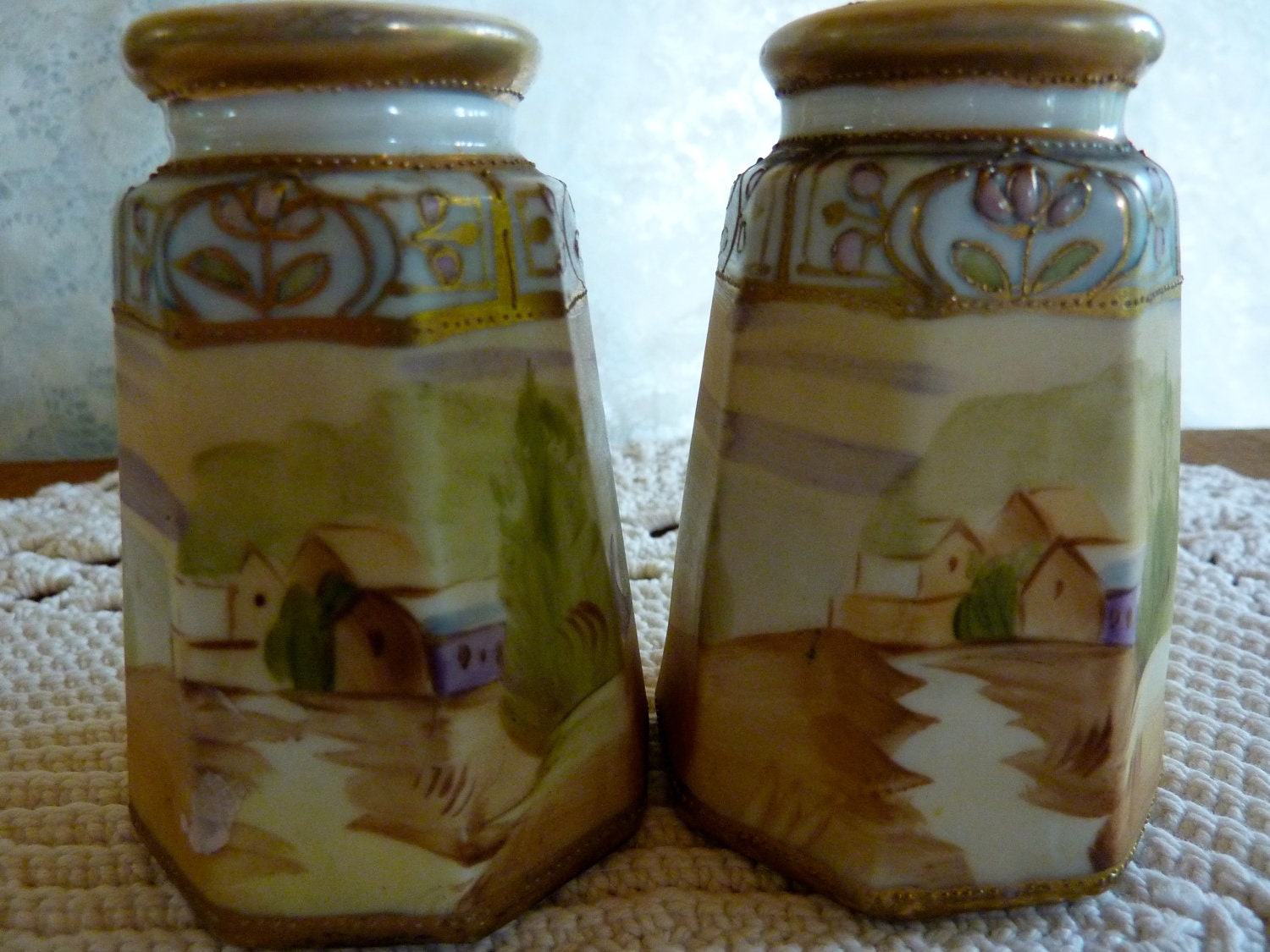 Nippon Salt Pepper Set Scenic w Gilt Details
