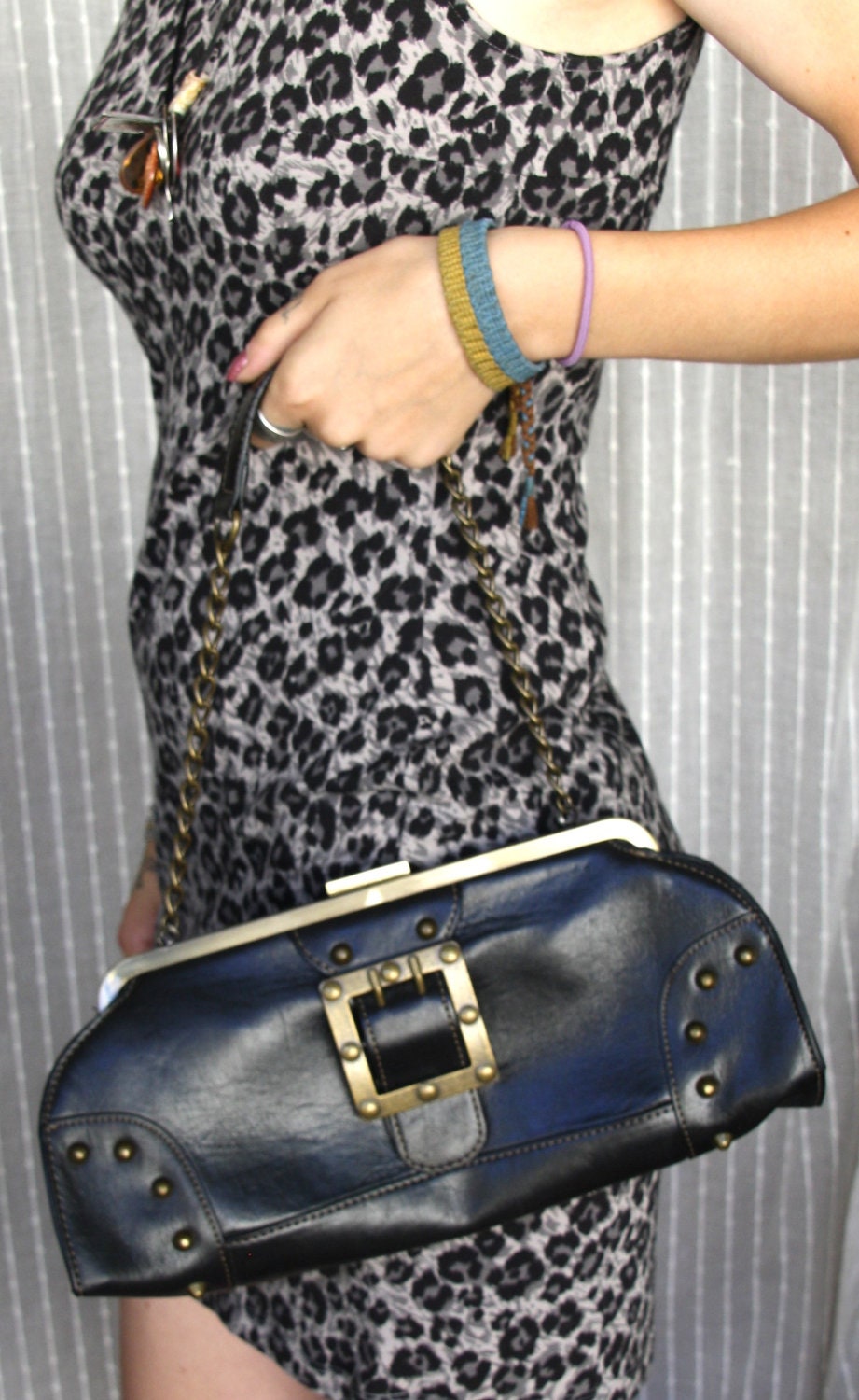 Vintage Black Studded Chinese Laundry Purse Handbag With Chain