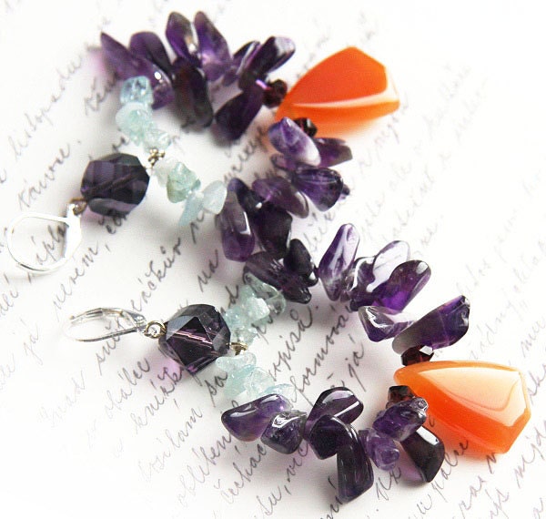 Jewelry Earrings, Luxe Jewelry, Gift for Her, Accessories, Carnelian Aquamarine Amethyst Earrings Purple Orange Gemstones, Sterling Silver