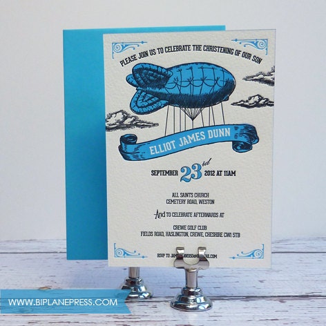Letterpress Christening Invitations - Zeppelin
