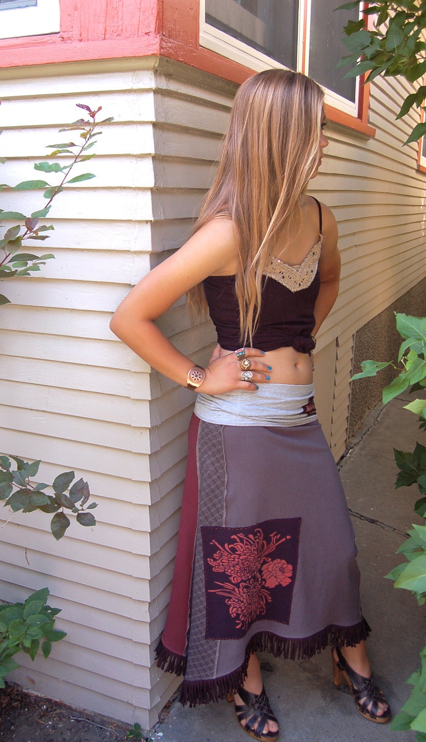 Eco tube dress or skirt,upcycled, clothing, faded black jersey, flower and bird applique, fringe, boho dress, Size S/M, by Za