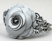Cuff Bracelet, Silver Leather Rose/Filigree Detailing 3 year anniversary gift