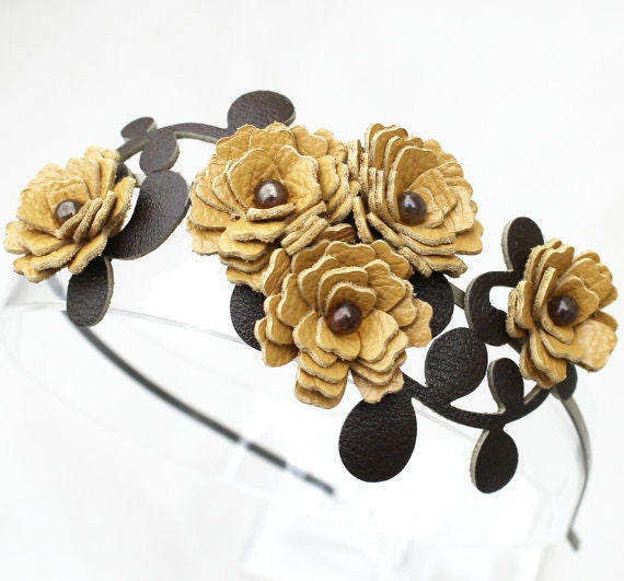 Yellow flower headband leather carnations garden wedding shabby chic