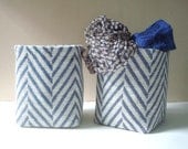 Indigo and White Herringbone / Medium Linen Fabric Bin / Vessel