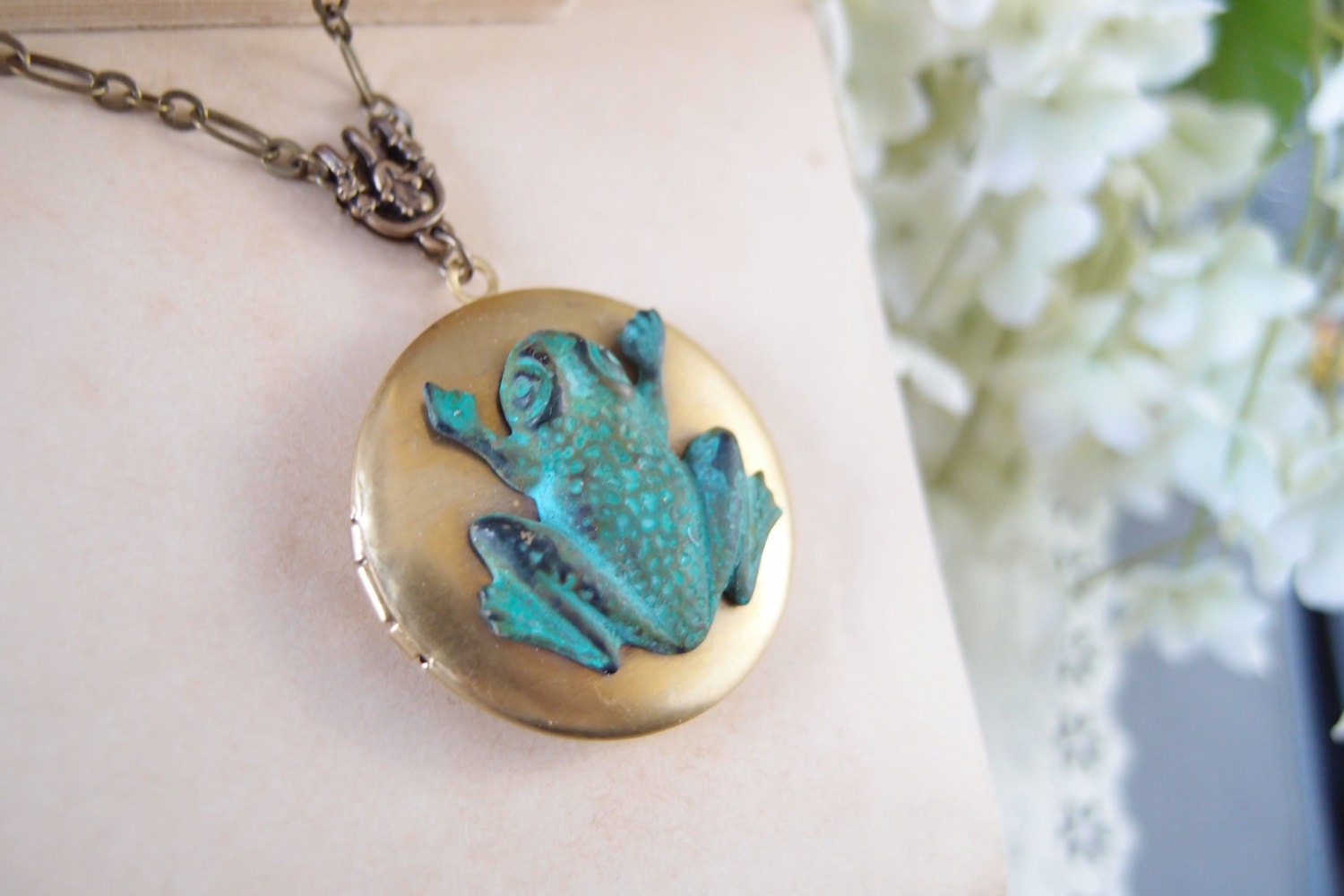 Green Patina frog Vintage brass locket necklace