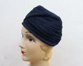 Vintage 1940s Hat Draped Chapeau by Collette Cathay in Navy Blue
