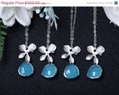 On Sale 10% OFF Set of 5,Bridesmaid necklace,Orchid flower jewelry,Stone in bezel,Aqua Blue,Flower jewelry,Bridesmaid gifts,Wedding jewelry