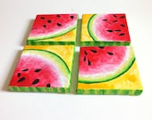Whimsical Art, FOUR SQUARE WATERMELONS, Four 5"x5" acrylic on canvas, Decor for Kitchen or Baby Girl Nursery