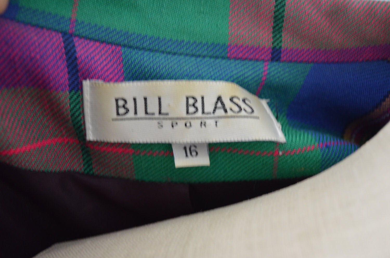 Vintage 80s Unisex BILL BLASS Pink & Green Plaid Blazer Jacket