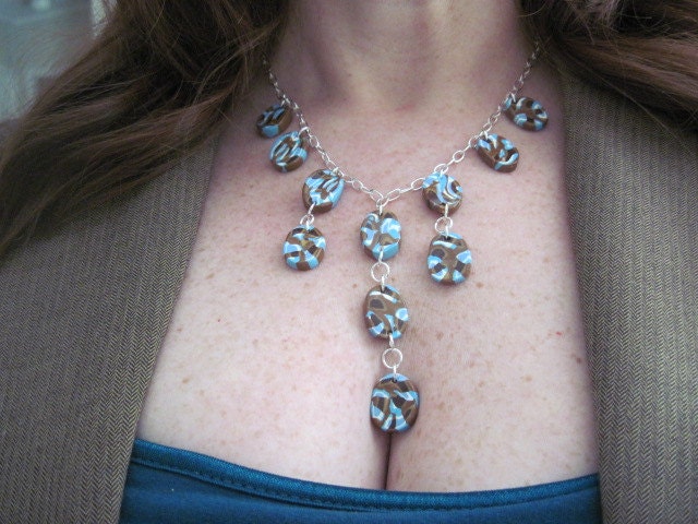 Chocolate Brown,Dark Brown, Gold, Sky Blue and White Abstract Design Necklace & Earring Set