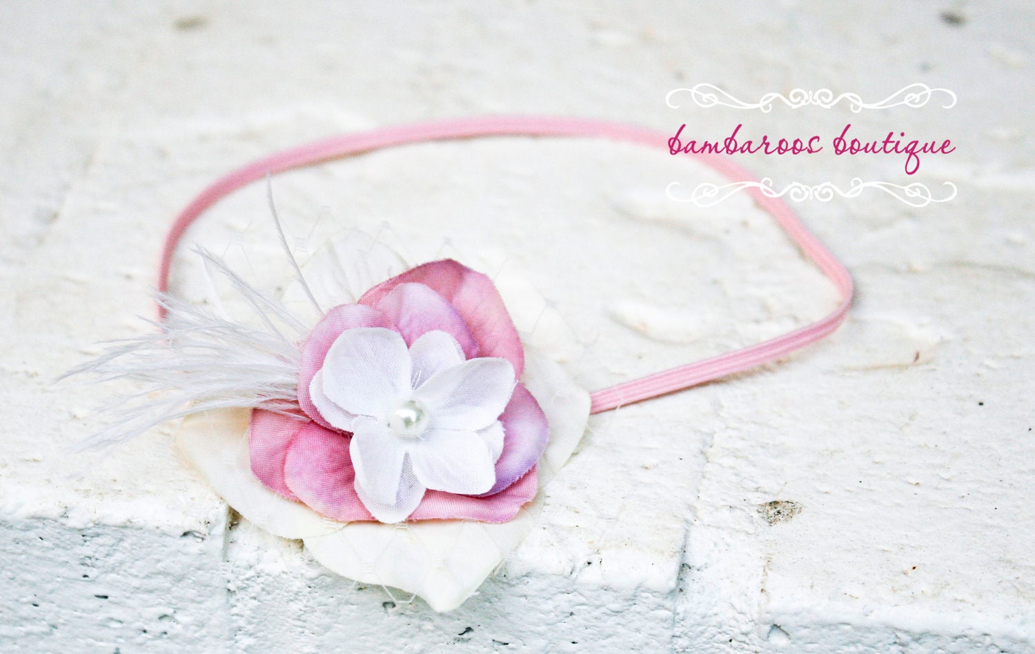 feather baby headband, newborn headband, rose pink, ivory