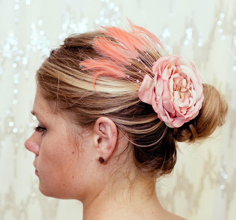 Ethereal Peach Flower Barrette with Feathers