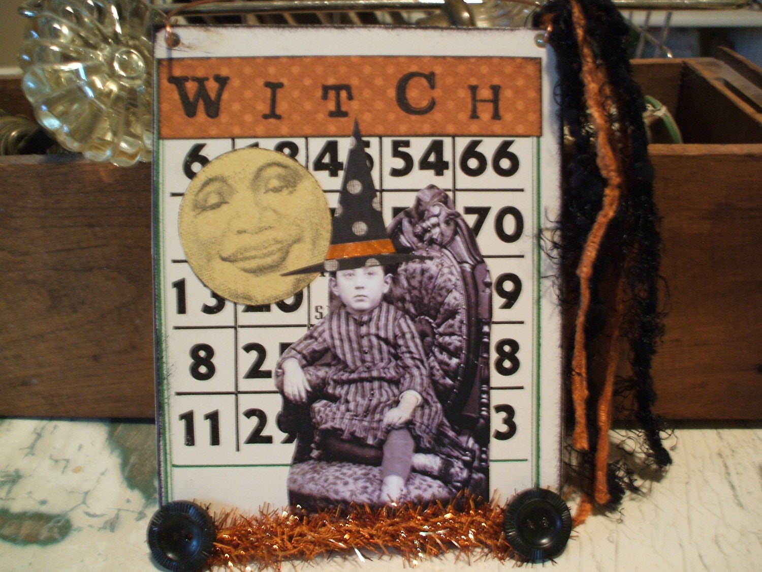 HALLOWEEN WITCH Altered Bingo Card Altered Art Assemblage