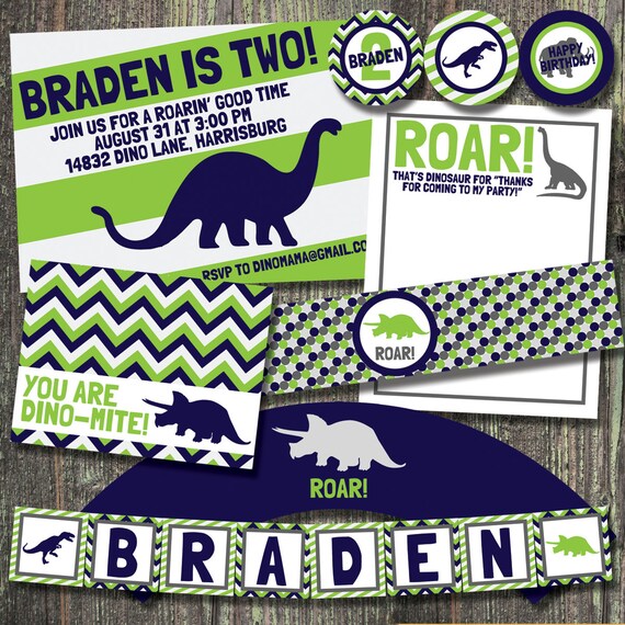 Dinosaur Party Pack JPEG (Invitation, Cupcake Topper and Wrapper, Bottle and Food Label, Thank You, Treat Bags, Banner) Il_570xn