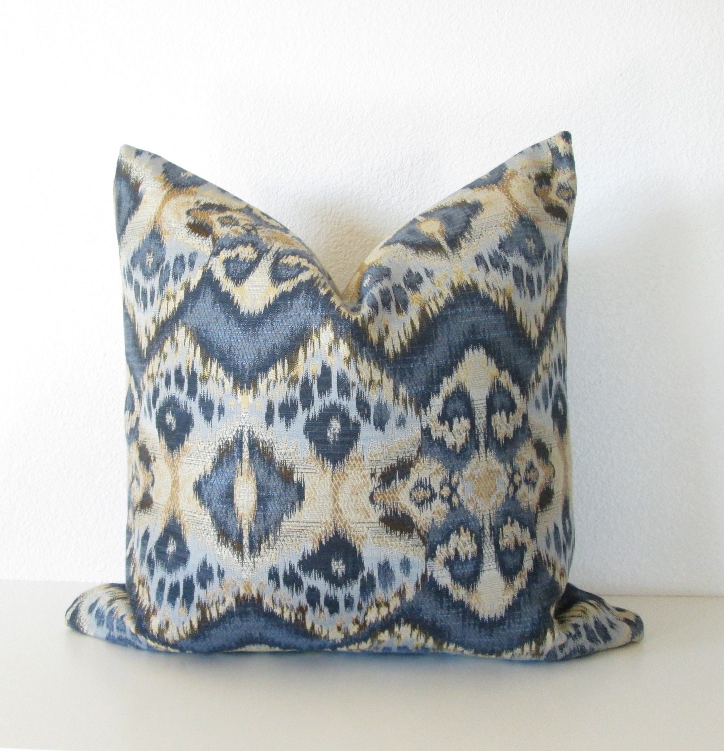 Decorative pillow cover - Ikat- 18x18 - Indigo - Blue - Gold - Designer Pillow - Rhythm Waves