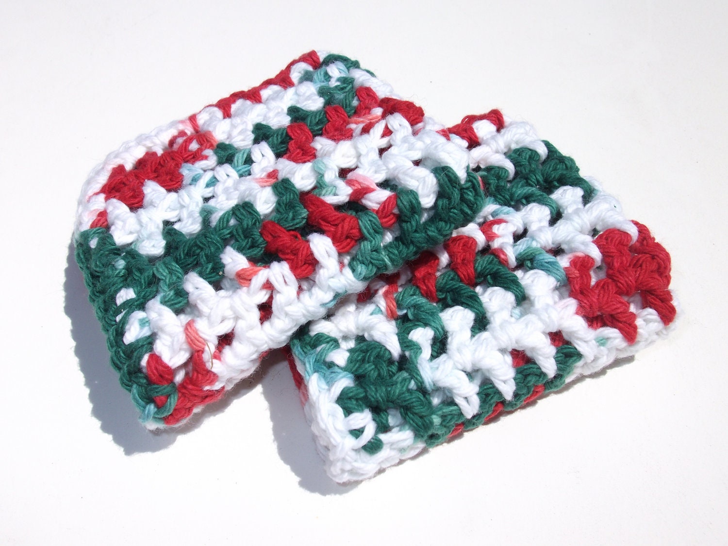 Set of 2 Crochet Cotton Wash Cloths in Mistletoe - 8 x 8 inches
