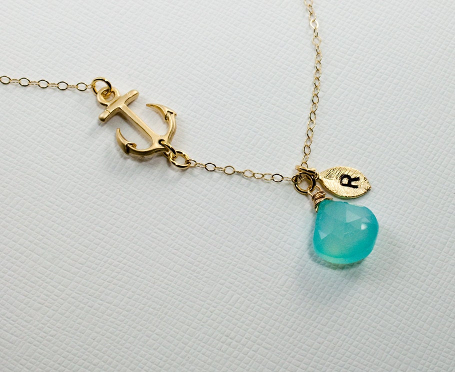 Personalized Gold Anchor Necklace, Wedding. Bridesmaids Jewelry,Initial and Birthstone Jewelry , Aqua Chalcedony. Blue stone