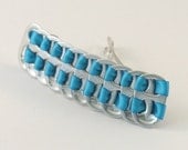 upcycled pop tab hair barrette- blue, stacked weave, 3 1/4 inch