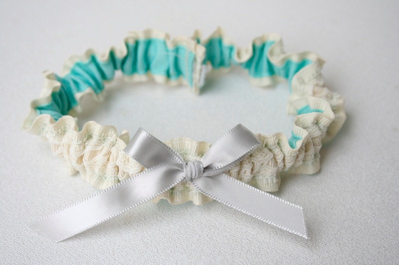Wedding Garter - Ivory Lace, Aqua and Gray Bridal Garter - Clearance Sale