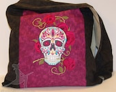 Dia De Los Muertos Sugar Skull with Roses Magical Monk Bag Messenger Hippie Purse
