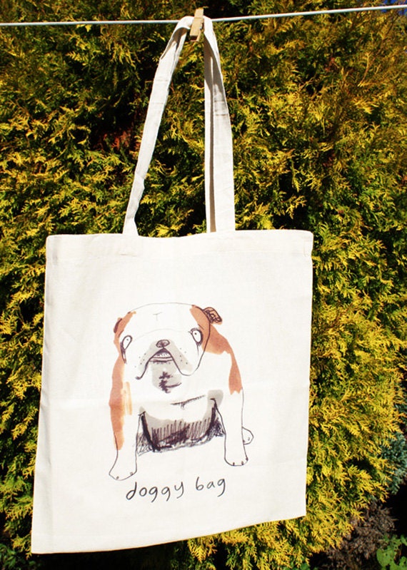 Doggy Bag tote natural unbleached cotton shopper bag. British Bulldog design long handles