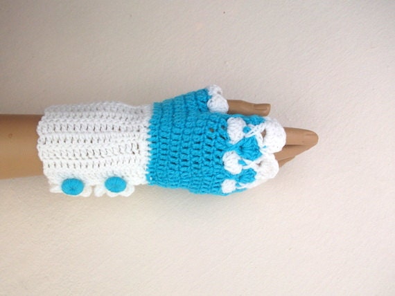 Turquoise and White Color Crochet Fingerless Gloves