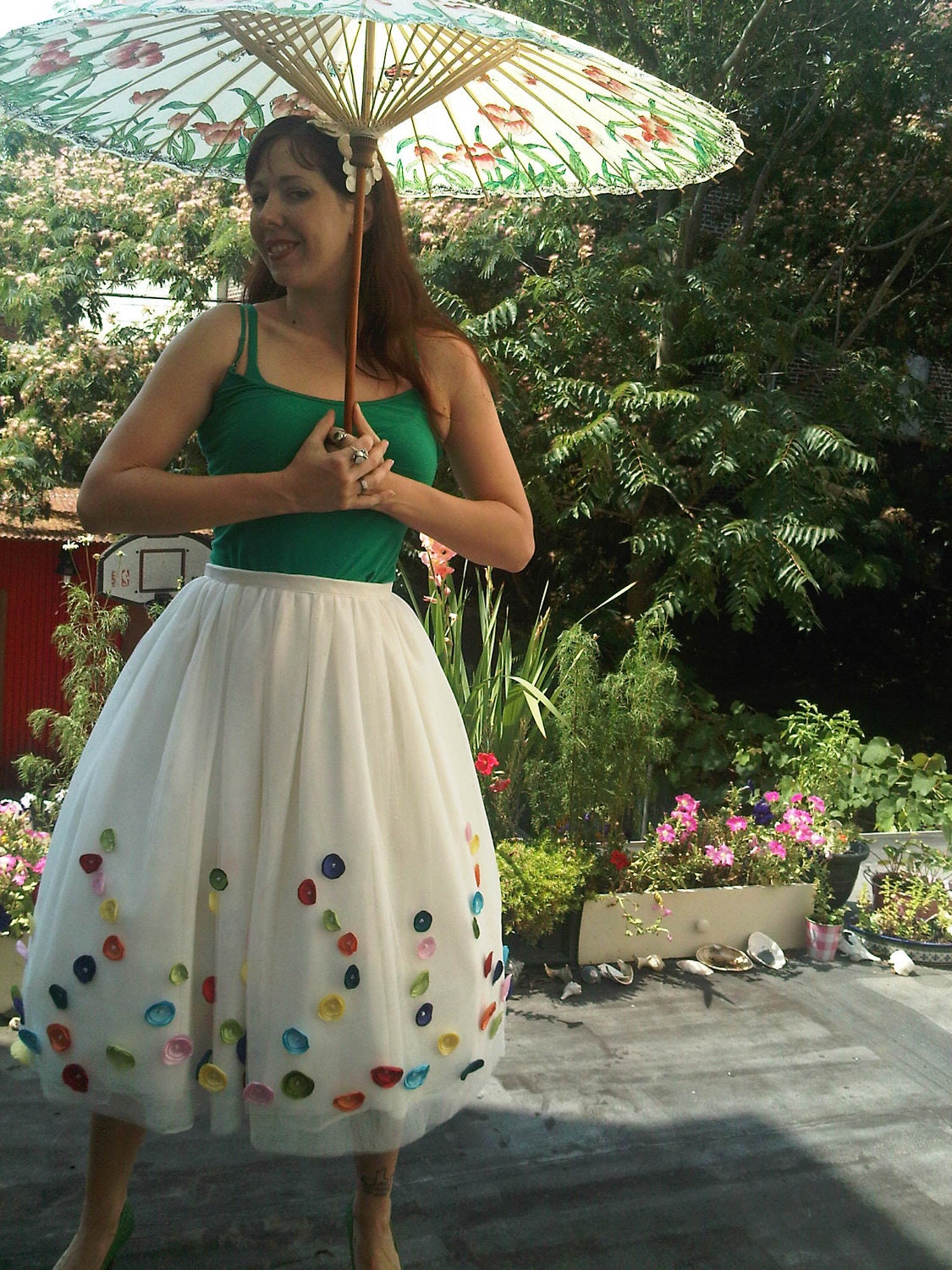 Rose Garden Retro Tea Length Skirt/Tutu, Silk Rosettes on Tulle Overlay OOAK