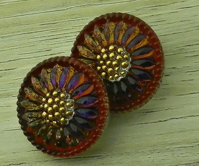 Blue &  Orange Daisy Flower Czech Glass Buttons