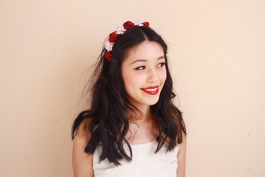 sweet rosie rose flower headband / pale pink & burgundy / vintage inspired floral headpiece, rustic, wedding, bridal, pastel, hair accessory