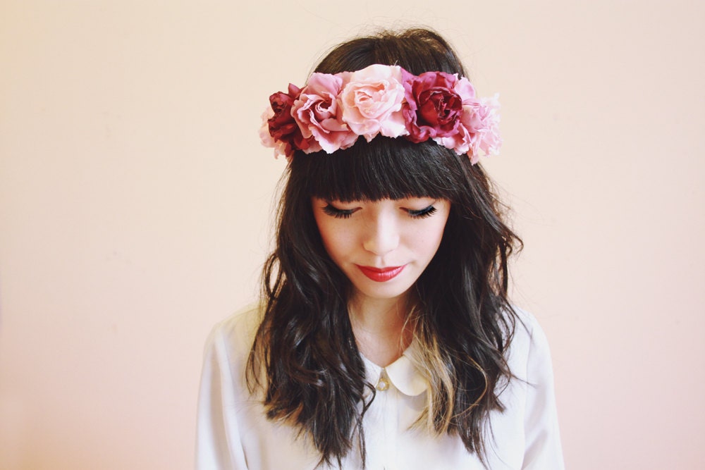 rose crown headband hair wreath - santa monica, romantic statement headpiece, large flower crown, oversized, woodland.