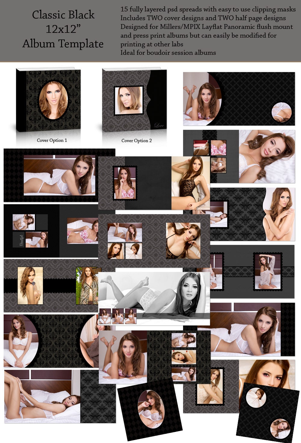 CLASSIC BLACK 12X12 Boudoir Album Template for Photographers  - Photoshop psd Files - Millers