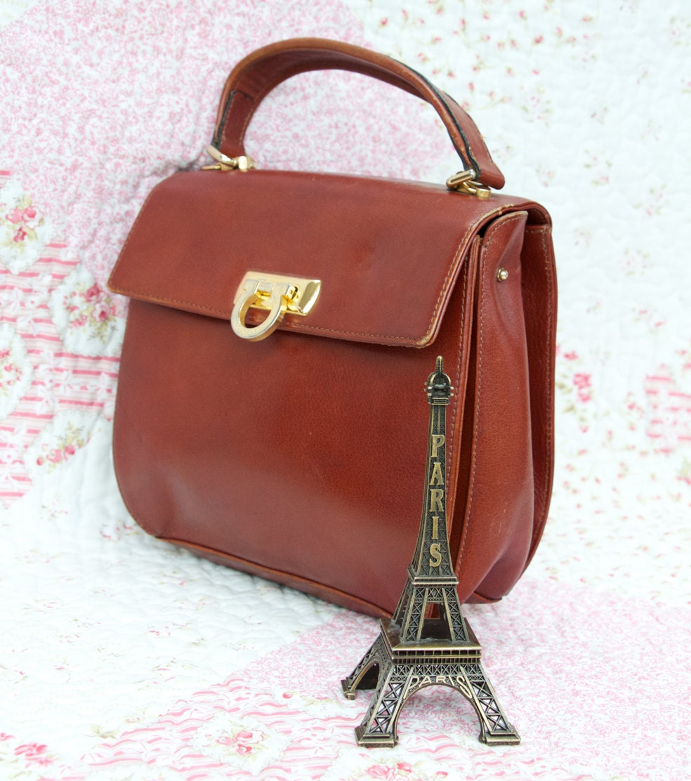 Toffee Pop, French Vintage, 1970s Pourchet Tan Leather Satchel, Handbag from Paris