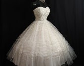 Vintage 1950's 50s STRAPLESS White Tulle Lace Ribbon Party Prom Wedding DRESS Gown Formal