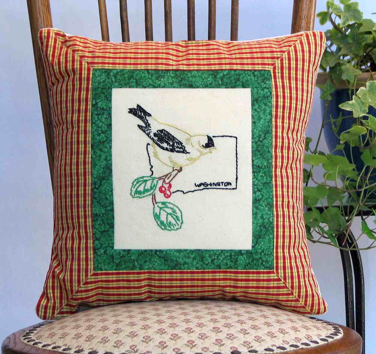 Washington goldfinch pillow, cabin, cottage, farmhouse decor with vintage hand-embroidery -- a keepsake gift. Includes pillow form.