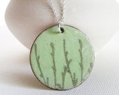 SALE - Necklace -- Sterling Silver, Enamel Jewelry, Lichen Green, Gray, Natural Plant Print, Circle Pendant, Enamel Jewelry