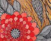 POPPY FLOWER print 8x10- black ink and acrylic fine art print red grey orange