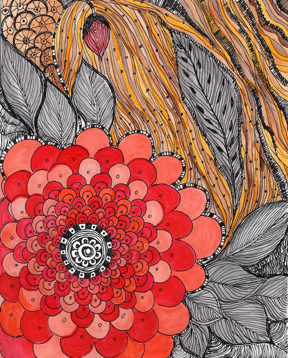POPPY FLOWER print 8x10- black ink and acrylic fine art print red grey orange