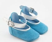 Blue leather baby shoes with silver leather  embellishment - eco friendly