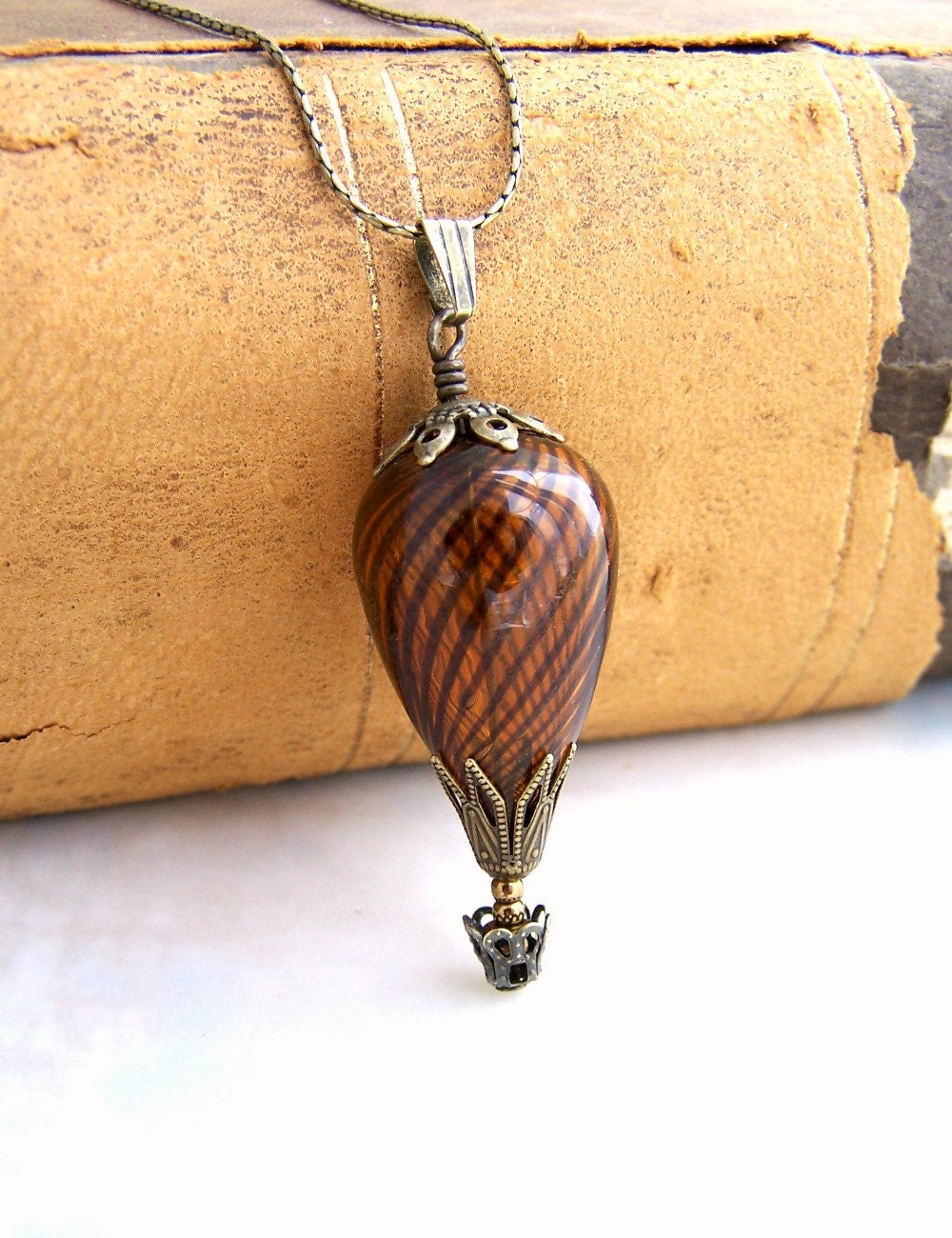 Steampunk Necklace, Brown Hot Air Balloon of Blown glass and brass filigree - Hot Air Balloon Necklace