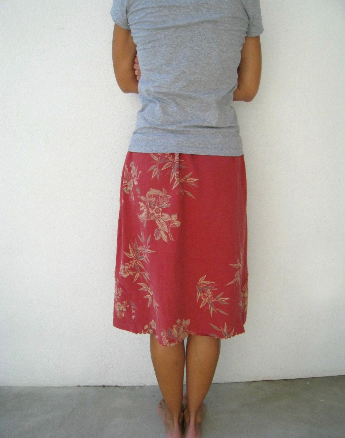 T Shirt Skirt for Her / Recycled Upcycled / Cotton Tee / Brick Red Rust Tan / Floral Design / Drawstring / Soft / Fun / by ohzie