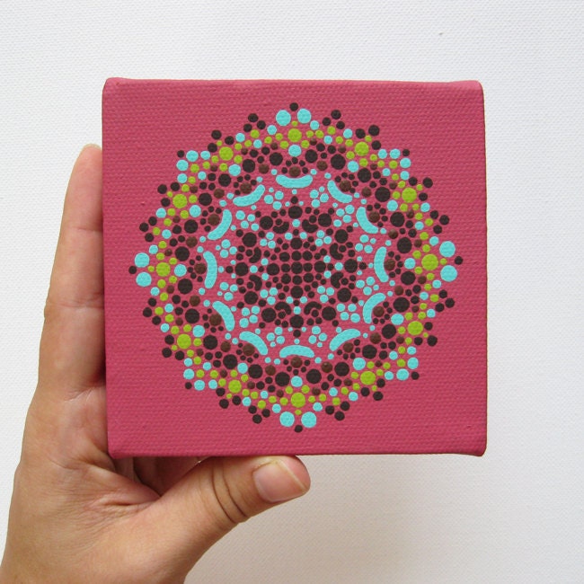 Dark Pink and Light Blue Mandala Acrylic Painting on Canvas