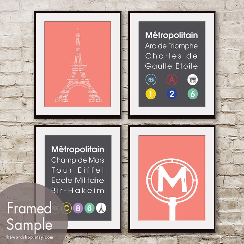 Paris Metro Train Station (Series A) - Set of 4 8x10 Prints (Paris Inspired Metro Sign Art) (Featured in Graphite and Coral Rose)