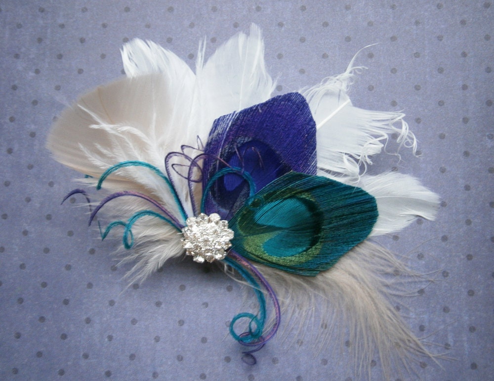 Peacock Wedding Feather, Hair Accessories, Feather Hair PIece, purple, teal, peacock, feather hair clip, emerald - TEAL and PURPLE FANTASIES