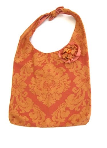Large Hobo Bag Purse Coral Peach Gold Damask