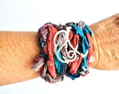 Silk Ribbon Cuff, Silver Accessory, Choker,Wrapped Bracelet, Glass Beads,  Turquoise, necklace, anklet