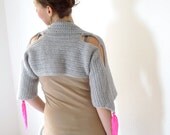 light gray mohair shrug - crochet clothing - modern bohemian fairy women - 3/4 bell sleeves, open shoulders, neon pink tassels - size S to M