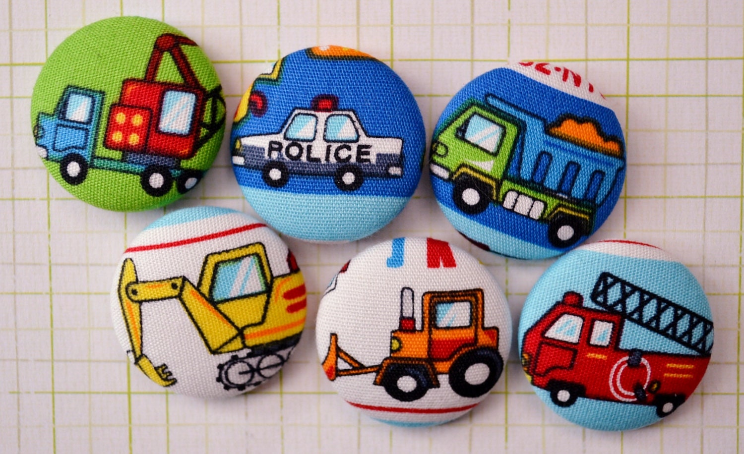 6 construction site vehicles transportation handmade fabric covered buttons 1 1/8 inches
