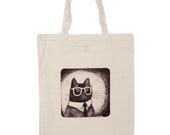 cat in glasses canvas shopper bag cotton, long handles reusable eco bag